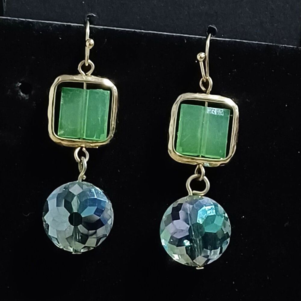 Colorful Gold-Toned Blue & Green Dangle Earrings